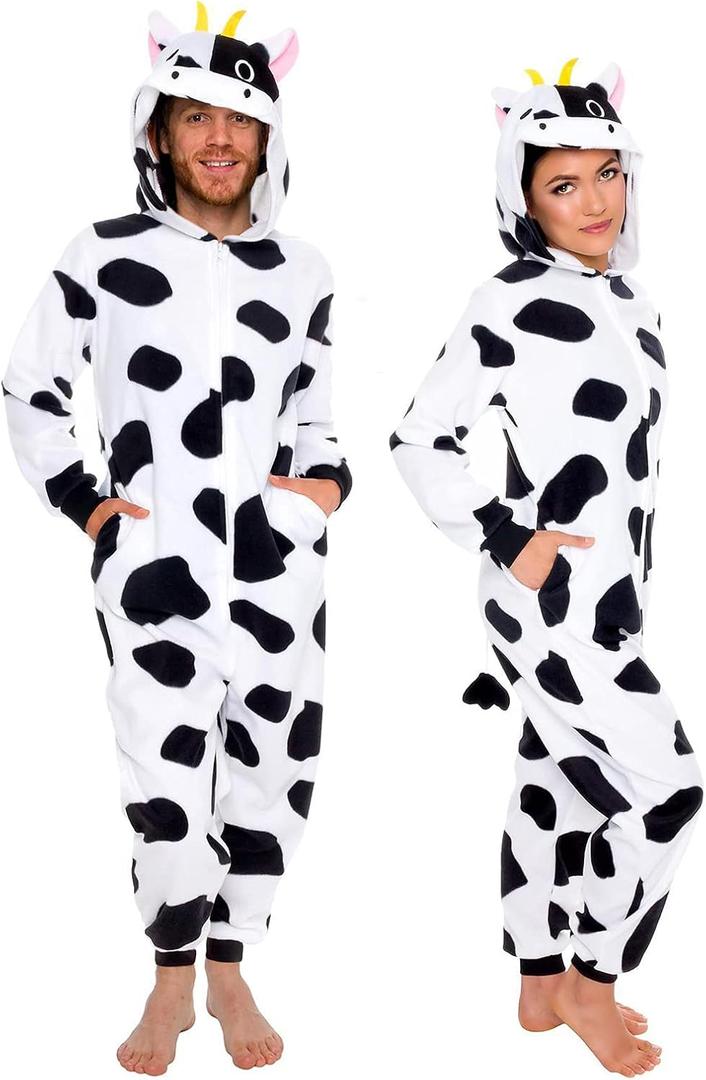 Funziez! Slim Fit Adult Onesie - Animal Costume - Plush Unisex Christmas One Piece Cosplay Suit for Women and Men (Medium, Cow)