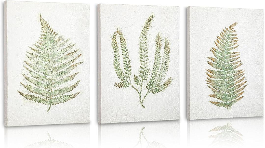 3 Pack White Wall Art Dcor Nature Fern Plant Metal Wall Art Minimalist Wall Art Rustic Nature Painting Gallery Wall Decor for Home Living Farmhouse Decoration (Type #4)