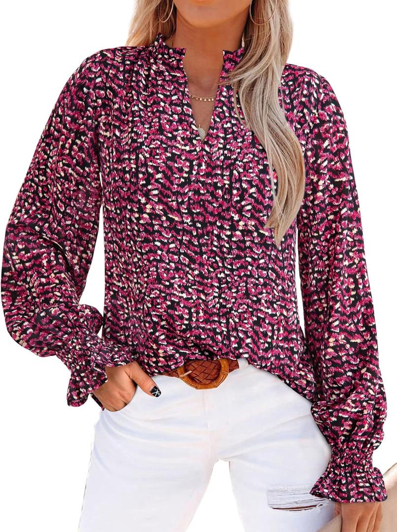 MASCOMODA Womens V Neck Floral Long Sleeve Tops 2025 Summer Casual Loose Puff Sleeve Chiffon Boho Work Blouse Dressy T Shirts (Medium, Black Red)