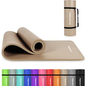 Yoga Mat Premium Non Slip Thick  Extra Comfortable Exercise Mat for Home Workouts, Pilates, Stretching & Gym  Cushioned NBR Foam, Gym Mat with Strap, for Women & Men (74.5 x 24 x 0.6 in, Beige)