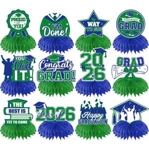 12Pcs Green and Blue Graduation Decorations Honeycomb Centerpieces, Class of 2026 Graduations Centerpieces for Tables Green and Blue Congrats Grad Graduation Table Decoration Grad Centerpiece