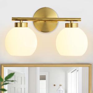 2 Light Bathroom Vanity Light, Gold Bathroom Light Fixtures Over Mirror, Mid Century Modern Wall Sconce with Frosted Globe Glass Shades, Brass Vanity Light, E26 Socket