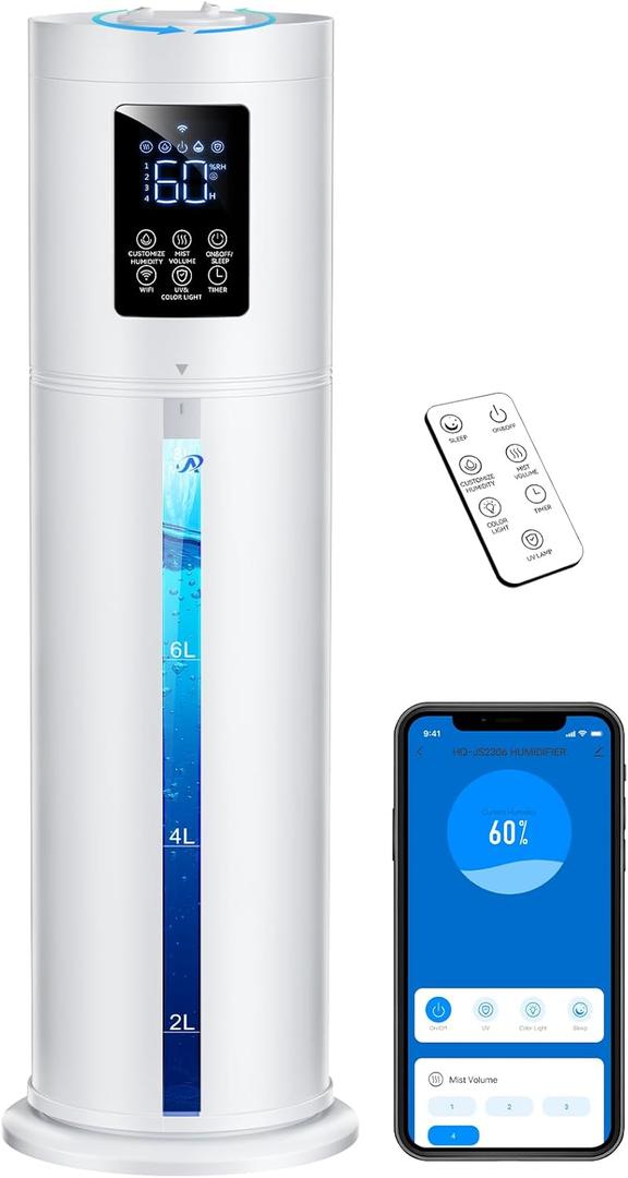 8L Smart Humidifier Large Room, Top Fill Humidifiers for Bedroom with Diffuser, 7 Color Lights, 16H Timer, Auto Mode, APP & Remote Control, 4 Levels Cool Mist Air Humidifier for Plants Home Office
