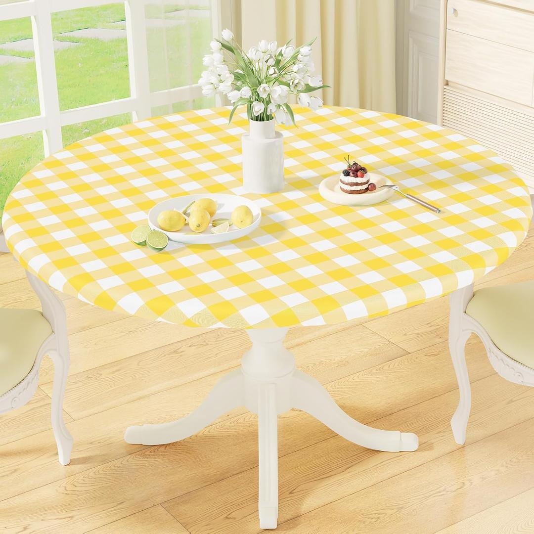 misaya Round Fitted Tablecloth with Elastic Edge, Buffalo Plaid Waterproof Vinyl Flannel Backed Table Cloth Cover Fits 45"-56" Round Tables for Dinner, Outdoor, Picnic, Yellow White Check