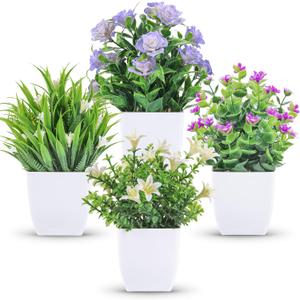 Der Rose 4 Pack Small Fake Plants Mini Artificial Faux Plants Indoor with Flowers Spring Decorations for Home Room Farmhouse Desk House Bathroom Decor