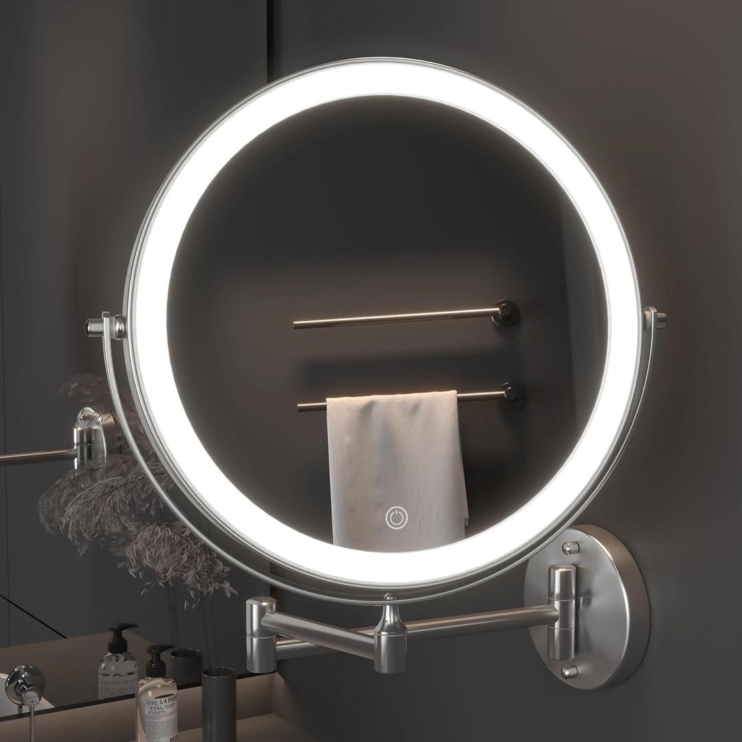 Hasipu 10-Inch Wall Mounted Makeup Mirror with Magnification, Rechargeable 3000 mAh Vanity Mirror with Lights, Bathroom Mirror with Dimmable Brightness, 3 Lighting Modes, Extendable Arm, Nickel