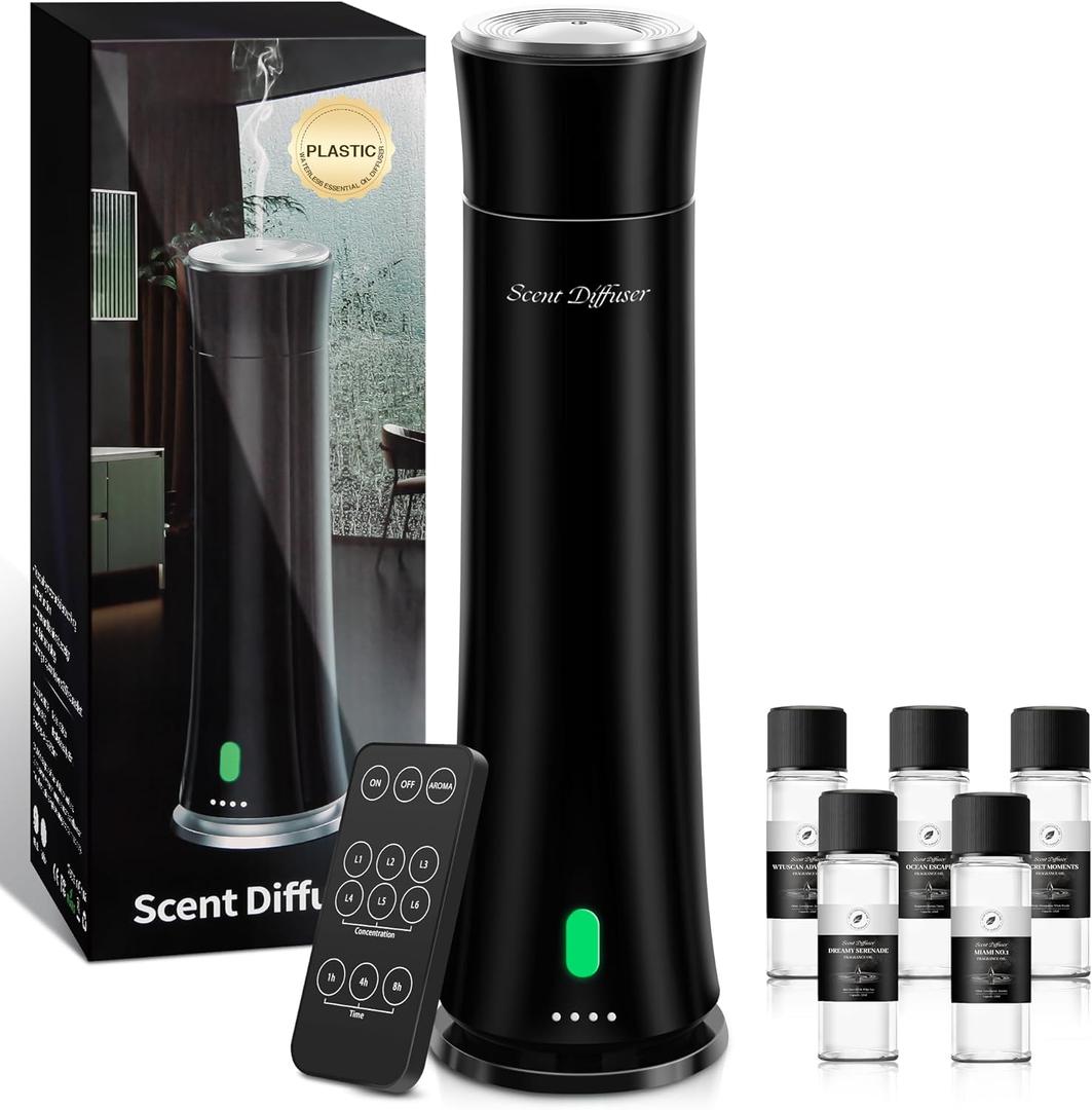 Hotel Scent Diffuser Starter Kit - 1500 Sq Ft Coverage, Premium Plastic Essential Oil Diffuser, Waterless Diffuser for Home, Hotel, Office, 5 Scent Essential Oils Included, Large Room, Black, 11In