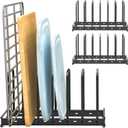 Cutting Board Organizer Rack, 2-Pack Adjustable Bakeware Organizer Holder for Cabinet Countertop, 7 Slots Metal Rack Cookie Baking Sheet, Pot Pan Lids Divider Kitchen Organization Storage, Black