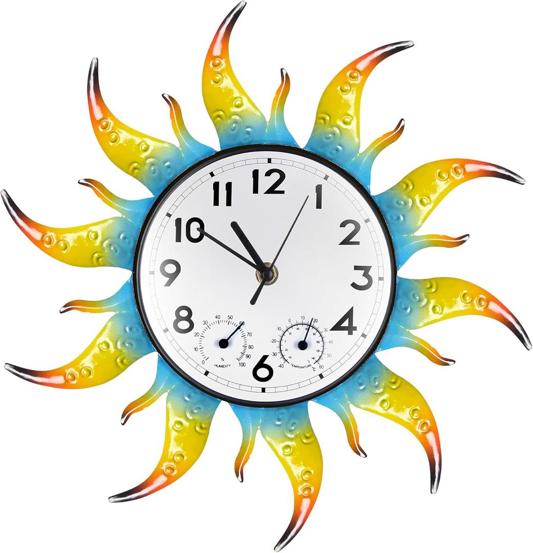 Sun Outdoor Clock Silent Non-Ticking Outdoor Clocks Waterproof Decorative Outdoor Clock Thermometer Combo for Patio Living Room Kitchen Garden Decor