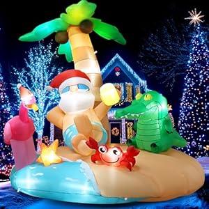 7.2FT Christmas Inflatables, Blow Up Inflatable Christmas Outdoor Decorations, Hawaiian Santa Island with LED Lights & Air Blower for Xmas Navidad Yard, Lawn Holiday Décor (7.2 x 6.6 x 5.5FT)