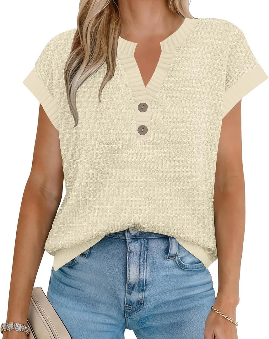 Women's Sweater Vest Spring Summer Button V Neck Striped Pullover Tank Top Cap Sleeve Knit Sweaters Tops (L)
