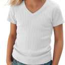 Girls Shirts Short Sleeve V Neck Ribbed Slim Fit Kids Tops Comfy Cute Summer Teen Girl Basic Tees (9-10 Years, White)