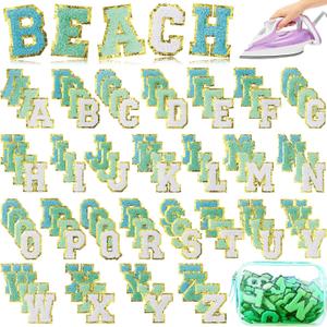 105 Pcs Chenille Letter Patches Self Adhesive Iron on Colorful Chenille Embroidered Patches with Gold Glitter Jean Stickers for Clothing Hat Backpack Bag Jacket(Blue-Green Series)