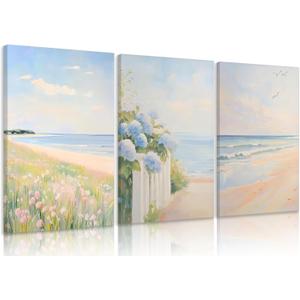 3Pcs Pastel Coastal Wall Art Pink Beach & Blue Hydrangea Pictures Wall Decor Ocean Wildflowers Posters Summer Beachy Preppy Painting Print Artwork for Beach House Bedroom Dorm Apartment, Framed