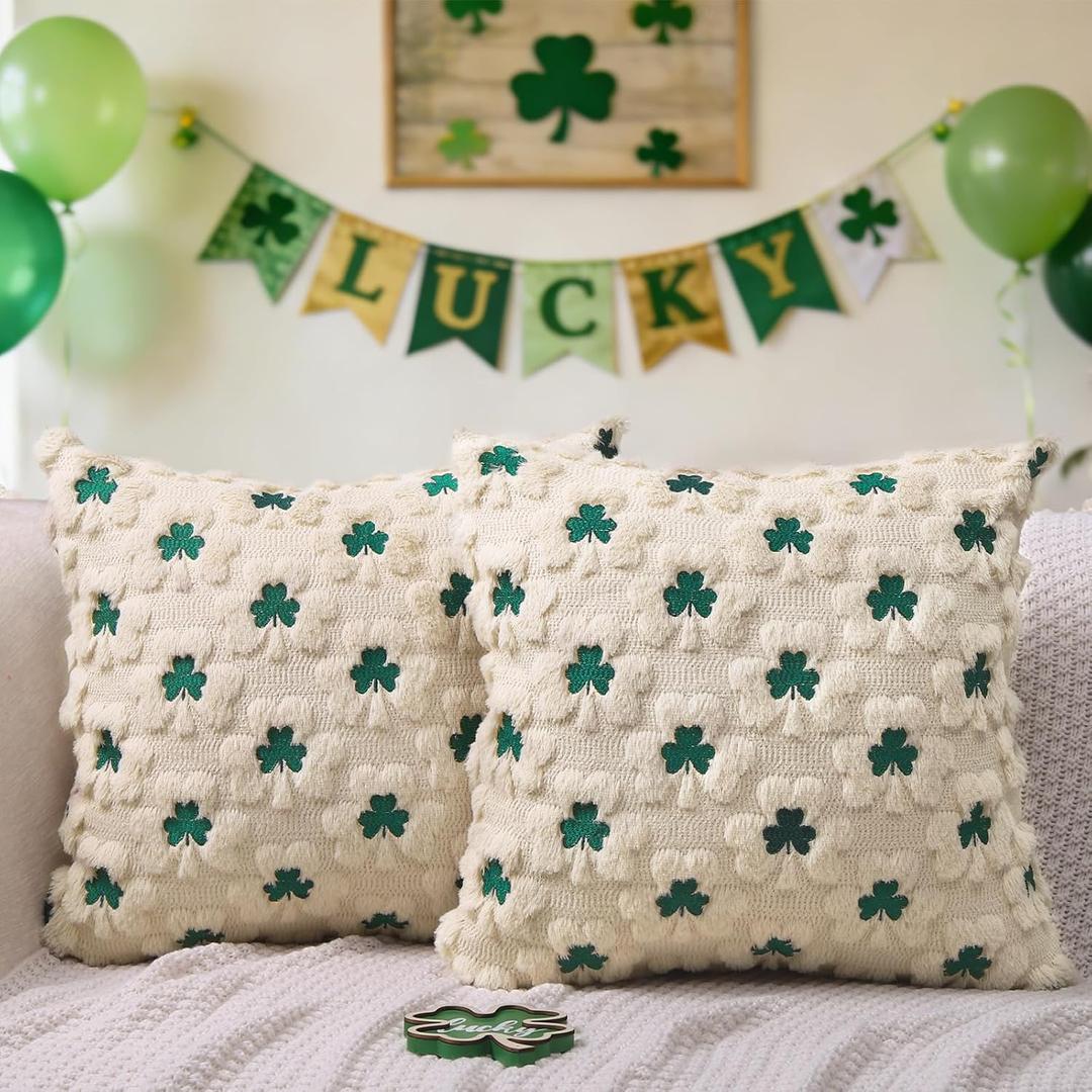 St Patricks Day Pillow Covers Set of 2, Beige Shamrock Green Embroidery Irish Soft Plush Faux Fur Jacquard Embroider Decorative Holiday Farmhouse Cushion Case for Sofa 20 x 20 Inch