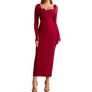 KUTUMAI Corset Lace Long Sleeve Formal Dress Back Slit Bodycon Fall Cocktail Wedding Guest Dresses S
