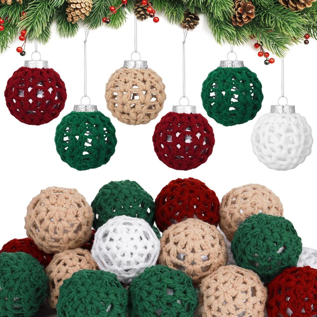24 Pcs Crochet Christmas Ornament Balls 2.36 Inch Christmas Knitted Ornaments Neutral Hanging Balls Handmade Crochet Baubles for Xmas Tree Rustic Farmhouse Decor(Red, White,Green, Khaki)