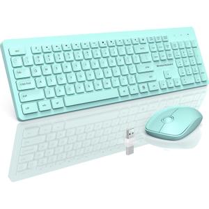 Wireless Keyboard and Mouse Comb, VEILZOR 2.4G UltraSlim USB Teal Keyboard Mouse Set, WaterDropping Keycaps, 12 Shortcuts, Wireless Keyboard for PC Laptop Windows XP/7/8/10, Vista, Mac (Green)