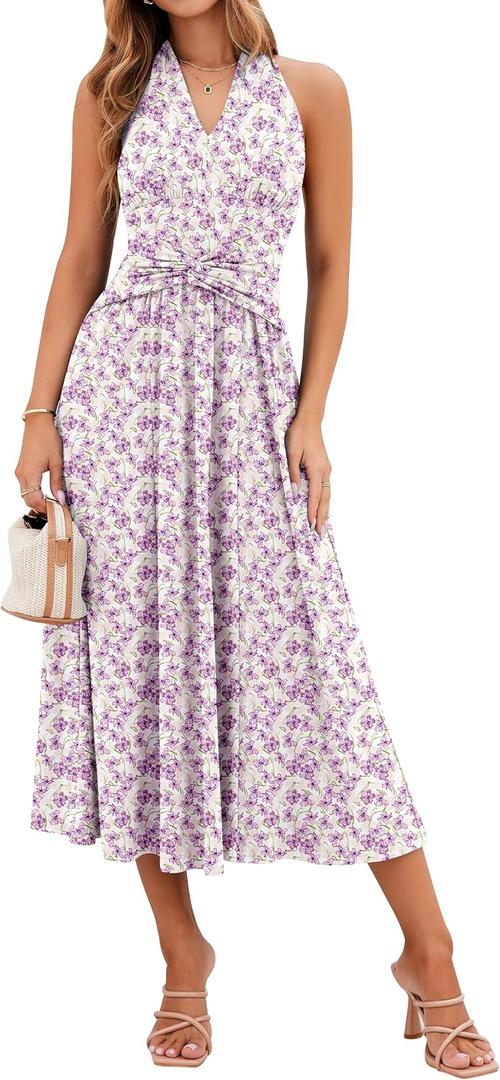 Sureple Women's V Neck Midi Dresses with Pockets Sleeveless Twist Waist Pleated Aline Flowy Beach Holiday Dresses (Pink, S)
