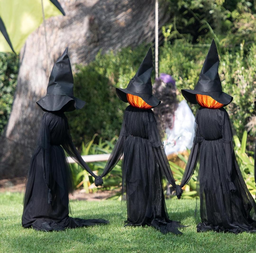 Halloween Decorations, Set of 3 Light Up Witches Holding Hands Witches with Stakes，Witch Glowing Head Waterproof for Outside Garden Statue Decoration Grass Lawn or Patio