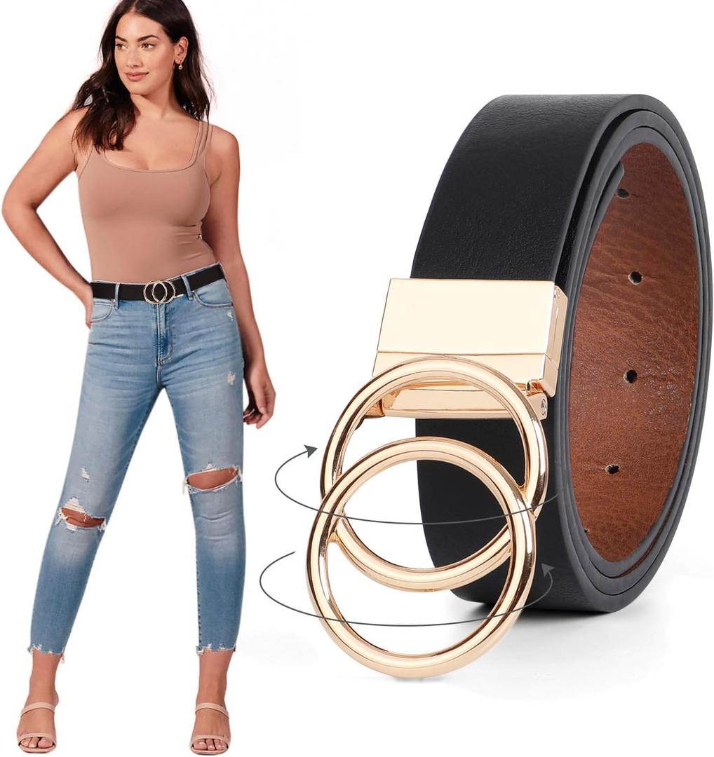 JASGOOD Women Leather Belt,Reversible Belt,Leather Waist Belt for Jeans Dress with Gold Double O Ring Rotate Buckle (Length 37":Fit Size 28"-32")