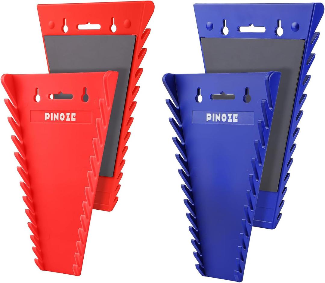 4-Piece Magnetic Wrench Organizer, 48-Slot Wrench Rack Tool Trays, Durable ABS Wrench Holder for Tool Box Drawer Chest, SAE (1/4" to 1-1/16") & Metric (6 to 24mm), Red/Blue