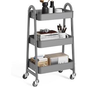 OLIXIS Metal 3 Tiers Utility Rolling Cart, Mobile Storage Shelf with Lockable Caster Wheels, Organization for Livingroom, Bathroom & Narrow Places, Gray