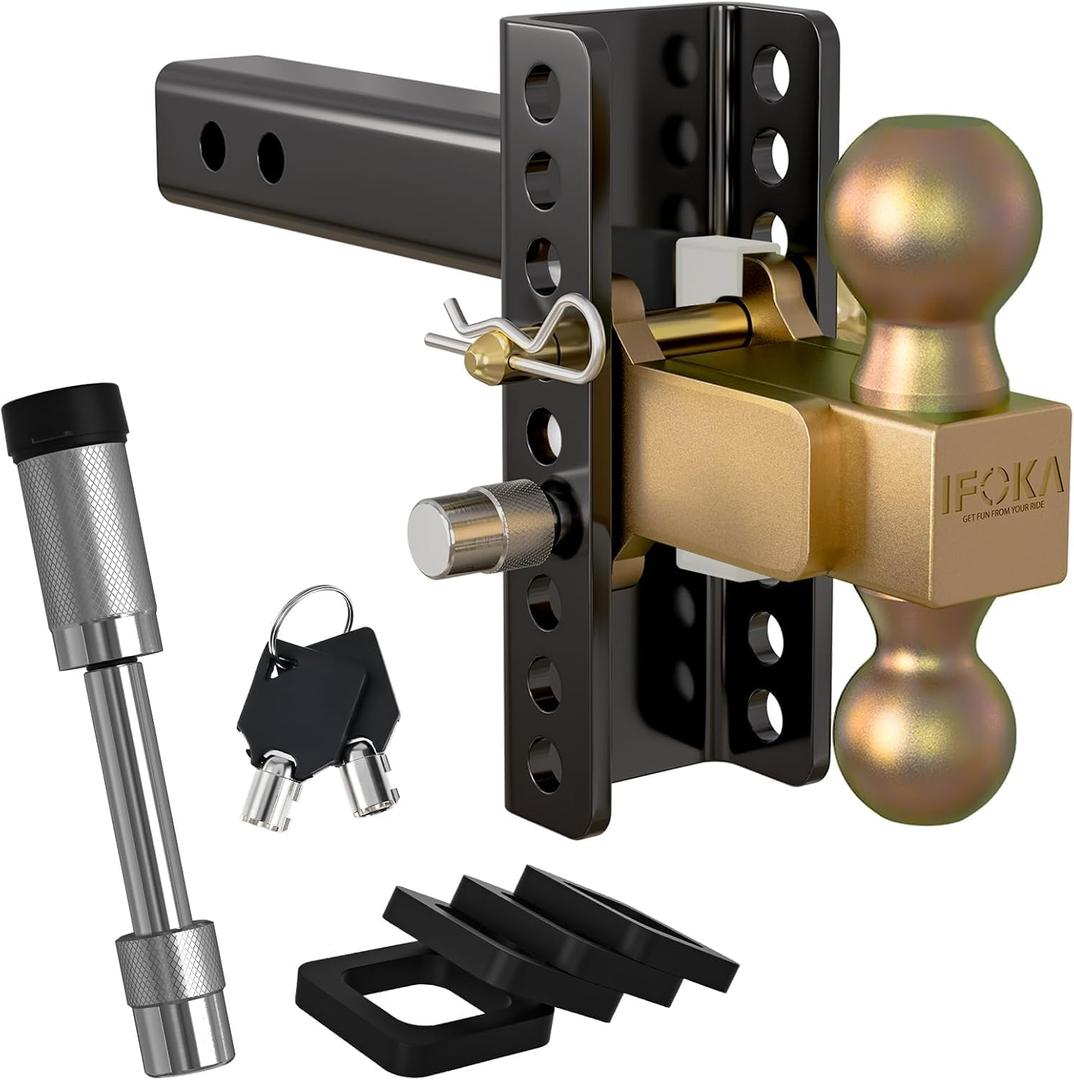 Adjustable Trailer Hitch, 2 Inch Receiver Hitch, 6 Inch Drop Hitch Ball Mount, 20,000 LBS GTW, 2" & 2-5/16" Ball Hitch, Tow Hitch for Heavy Duty Truck with Double Lock Pin (for 2 Inch Receiver), Black