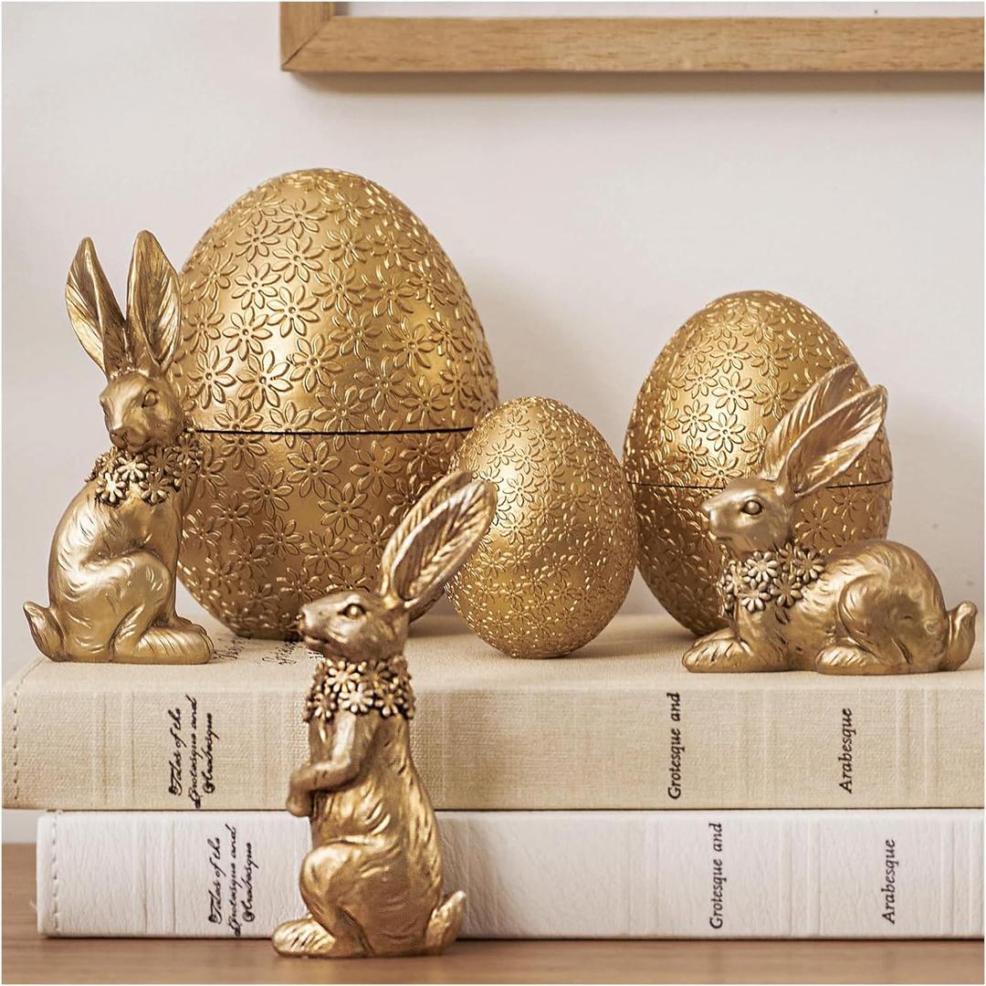 DN DECONATION 6PCS Easter Decorations with 3 Rabbits and 3 Nesting Easter Eggs, Small Gold Easter Bunny Figurines Decor, Spring Tabletop Decor Egg Statues, Vintage Decor Flowers Embossed (Set of 6)