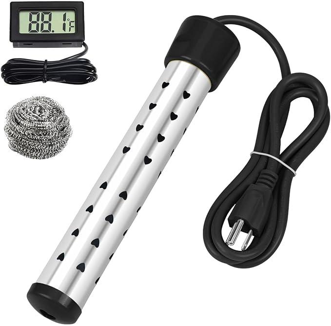 1500W Immersion Water Heater with Digital LCD Thermometer & Stainless Steel Guard  Fast Heating for Bathtub, Travel Camping Mini Pool, Bucket | Safe & Portable Heat 5 Gallons of Water in Minutes