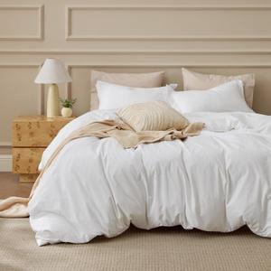 Bedsure 100% Washed Cotton Duvet Cover Oversized Queen - Natural White Minimalist Bedding Set Linen Like - PureWoven Plain Simple & Soft Duvet Cover 3-Piece (Natural White,Oversized Queen, 98"x98")