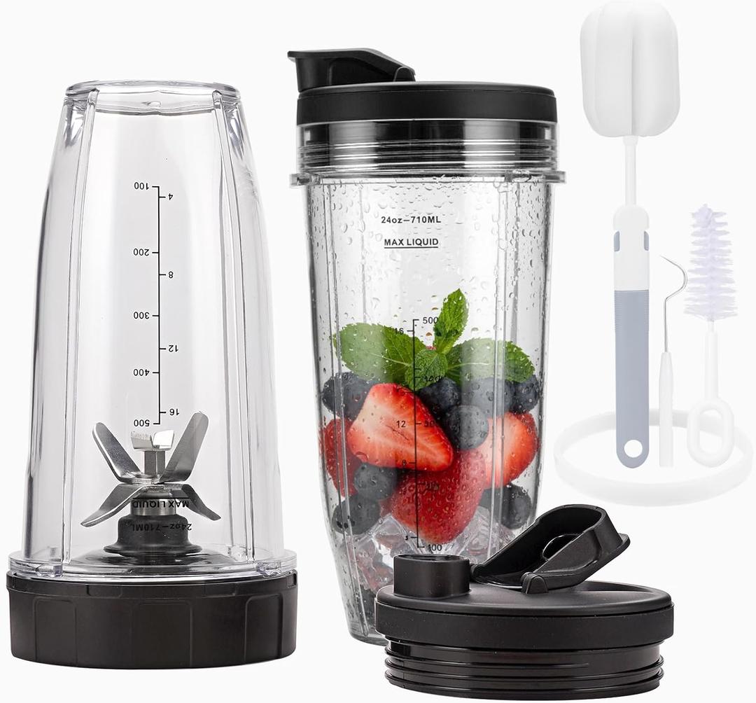 Blender Cups Replacement Parts For ninja,2-Pack 24oz Blender Cups with Sip & Seal Lids,7 fins Blender Replacement blade Compatible with Ninja BN401 BN751 BN801 BL480-30 BL642-30 BL682 BL687 NN102