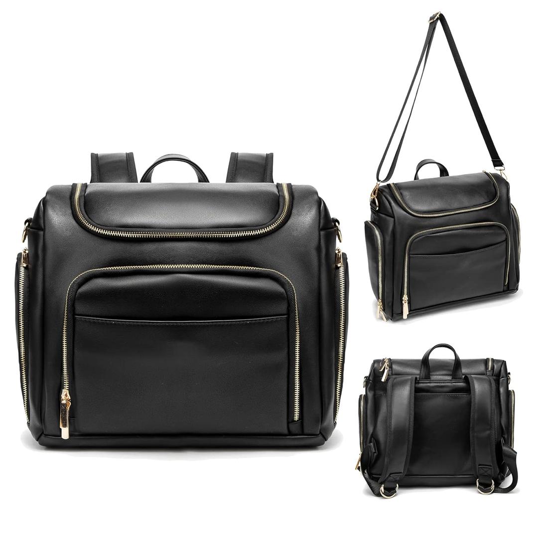 Leather Diaper Bag Backpack with Changing Pad - Multi-Function Large Capacity Baby Bag with Adjustable Shoulder Strap & Stroller Straps (Black)
