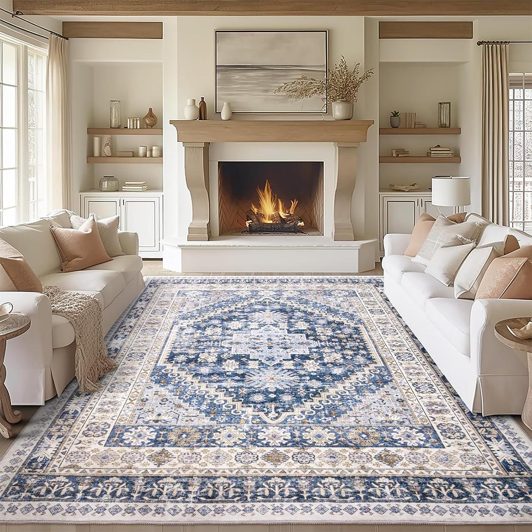 zesthome 8x10 Area Rugs for Living Room,Non-Slip Backing Washable Rugs,Vintage Large Area Rug,Stain Resistant Home Decor Rug (Blue/Beige,8'x10')