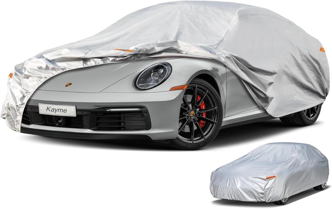 Kayme 6 Layers Car Cover Waterproof All Weather for Automobiles, Outdoor Full Cover Rain Sun UV Protection, Universal Fit for Porsche 911 996 997 991 992, Chevrolet Corvette, Acura NSX (178-185 inch) (Aluminum-Silver)