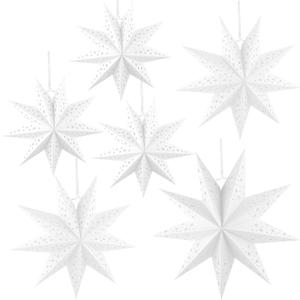 6 Pack Paper Star Lanterns White 9-Pointed Star Lamp Shade Hollow Stars Hanging Decorations for Christmas New Year Birthday Wedding Party, 3 Size