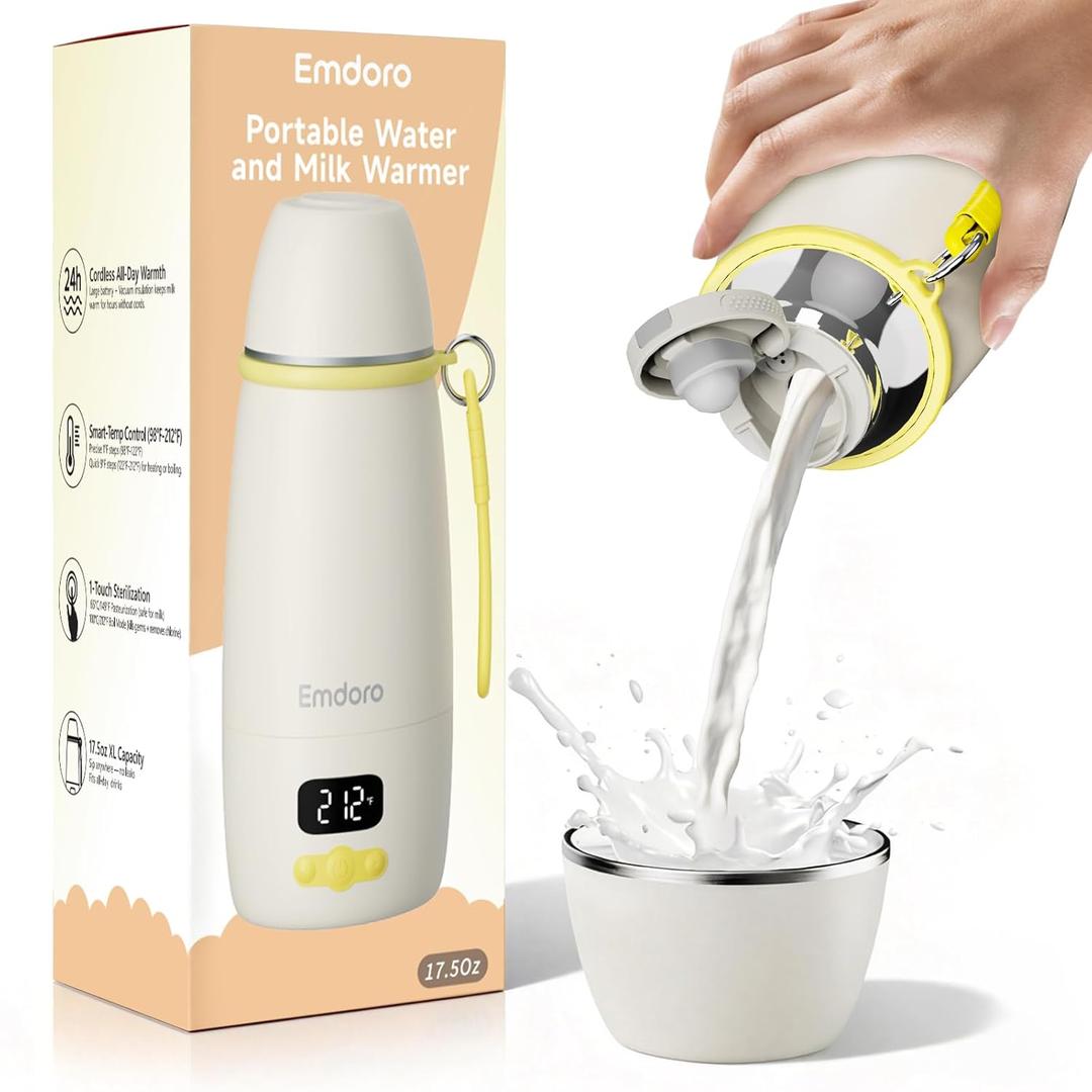 Portable Baby Bottle Warmer  Fast 1.5-Min Heating, Precise Temp Control 98F-212F, 36H Keep-Warm & Dual Sterilization, Wireless for Travel, Breast Milk & Formula Safe (White)