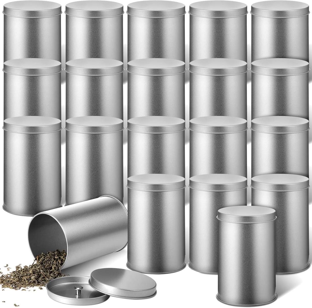 Irenare 20 Pack Tea Canisters for Loose Tea Tin Canister with Airtight Double Lids 16 oz Metal Coffee Cans Empty Small Round Kitchen Container for Sugar Candy Herbs Spices Food Container(Silver)