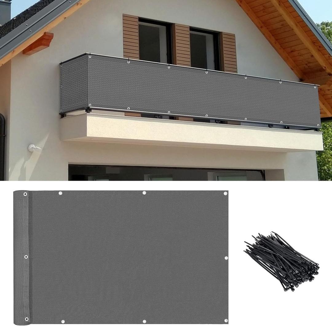 3'x16' Dark Grey Balcony Privacy Screen with Ties – Heavy Duty HDPE UV Resistant Windproof Fence Cover for Deck, Patio, Porch & Outdoor Railing