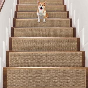 Seloom Linen Non Slip Stair Treads Carpet for Wooden Steps Indoor, Peel and Stick Carpet Stair Tread for Wood Stairs, Machine Washable Stair Runners for Pets, 15 Pack, Beige (9" x36")