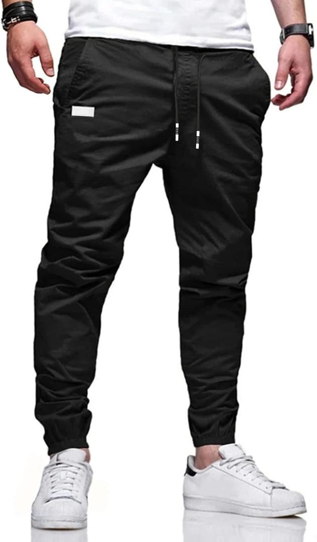 Men Joggers Chino Cargo Pants Hiking Outdoor Recreation Pants Twill Fitness Track Jogging Pants (Black, S)