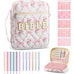 Sinload Quilted Bible Cover Case for Women Large Carrying Bag with Organizer Tabs 6 Colored Pens 6 Highlighters Book Tote Bags with Handle Bible Carry Supplies Christian Gifts(Pink Bow Floral)