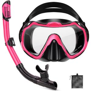 Snorkeling Gear for Adults, Adult Snorkel Set with Panoramic Anti-Leak and Anti-Fog Tempered Glass Snorkel Mask, Dry Top Snorkel, Snorkle Mask Set Adult with Mesh Bag Ear Plug for Snorkeling, Pink