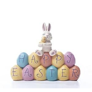 DurableDelights Resin Easter Bunny Figurine Hand-Painted Happy Rabbit Statue Cream Bunny with Eggs Sculpted for Family Collectible for Home Decor H 4.06 Inch