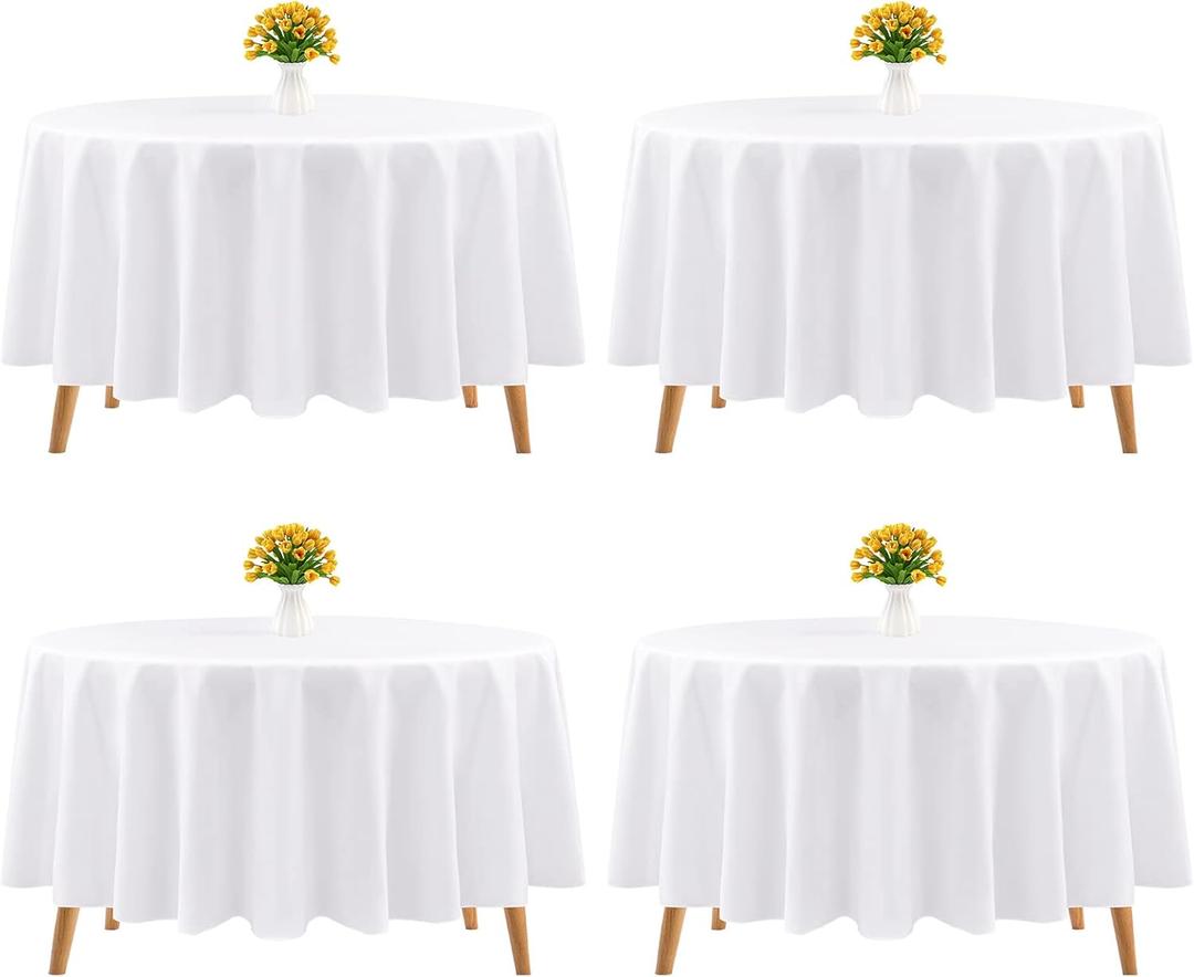 4 Packs White Round Tablecloth 90 Inch Circular Table Cloth,Polyester Fabric Stain and Resistant Wrinkle Washable Table Cover for Wedding,Parties,Banquet,Buffet Table, Holiday,Dinner Tables Decorate
