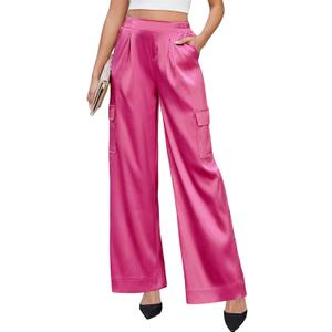 ZAFUL Womens Satin Pants Wide Leg High Waisted Cargo Pants Silky Dressy Casual Slack Trousers (Pink, XXL)