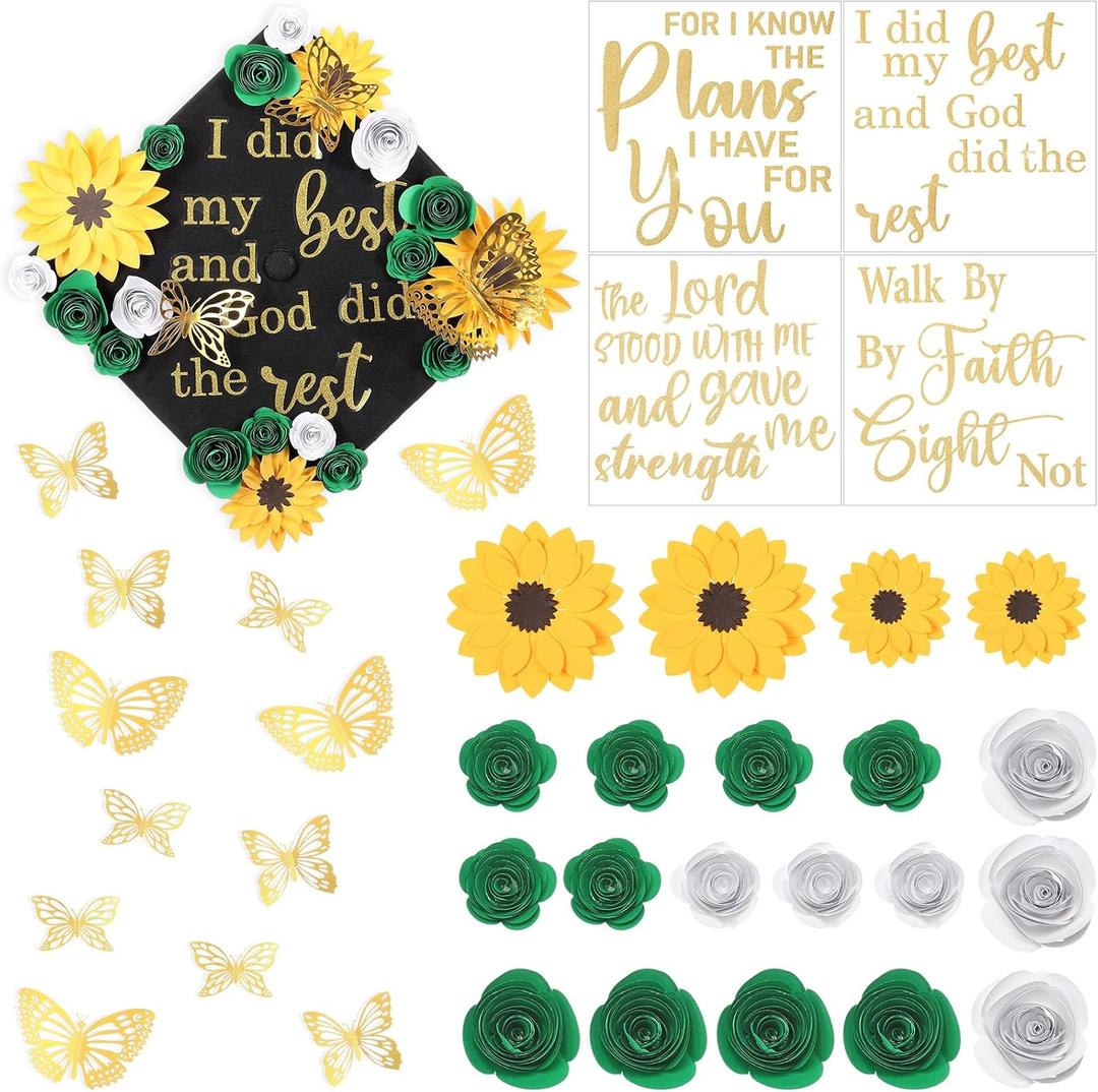 Suncalla 36 Pcs Green and Yellow DIY Graduation Cap Decorations Kit, 20 Roses Sunflower Flower Heads 4 Inspirational Quote Glitter Stickers 12 3D Butterfly for Grad Cap Topper DIY Art Gift