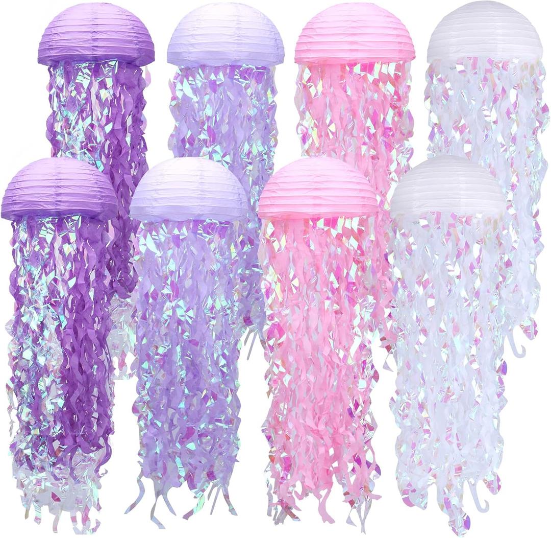 Paper Lanterns Set, 8 Pcs Jellyfish Decorations for Under The Sea Party Decorations & Mermaid Party Supplies, Jellyfish Lanterns Perfect for Birthdays Weddings Baby Showers Classrooms Decor (Purple)
