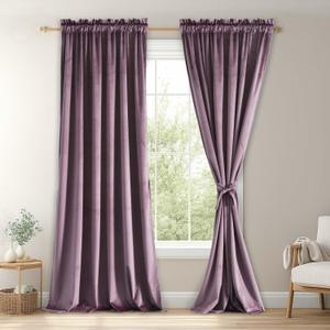JIUZHEN Velvet Blackout Curtains for Bedroom - 84 inches Thermal Insulated Room Darkening Home Deco Rod Pocket Drapes for Office/Party, Set of 2 Panels with Tiebacks, 42W x 84L, Lavender