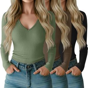 Riyiper 3 Pack Women Long Sleeve Shirts, 95% Cotton V Neck Ribbed Knit Tops Slim Fit Casual Going Out Tee Shirts (X-Large, Black, Mocha Brown, Matcha Green)